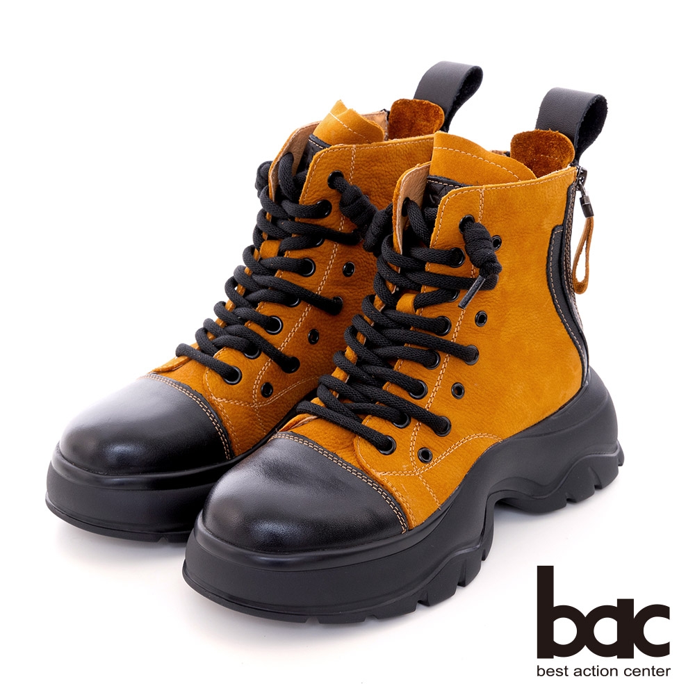 【bac】彩色綁帶造型厚底休閒短靴-土黃