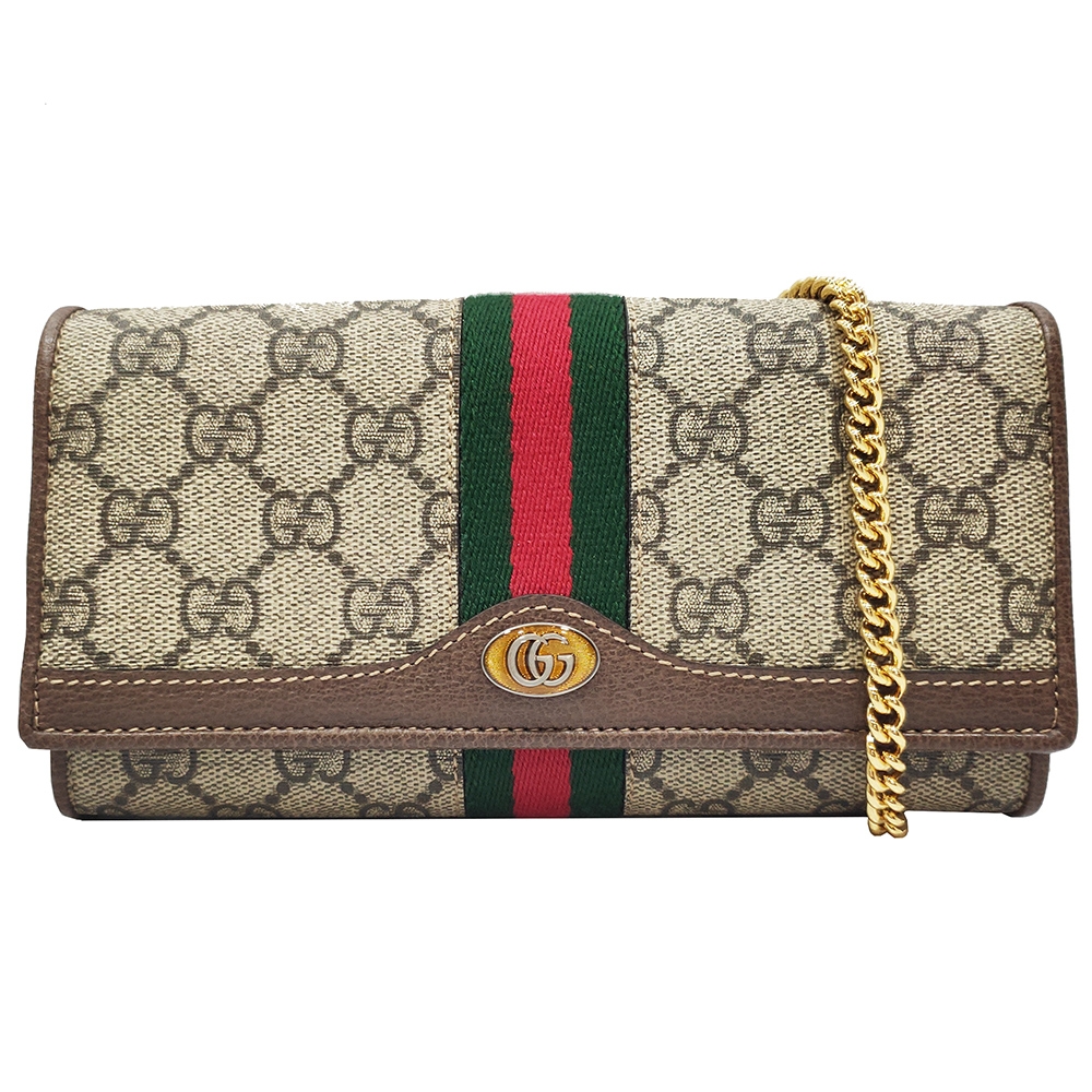 【GUCCI 古馳】 546592 經典Ophidia帆布WOC印花綠紅綠織帶皮革飾邊暗釦肩背/手拿長夾(棕色)