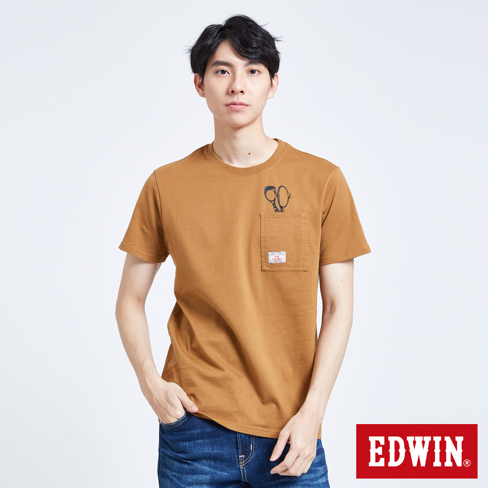 EDWIN 職人手作 LOGO口袋短袖T恤-男-土黃