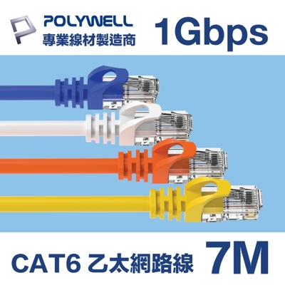 POLYWELL CAT6 高速乙太網路線 UTP 1Gbps 7M 紅色 綠色 黑色