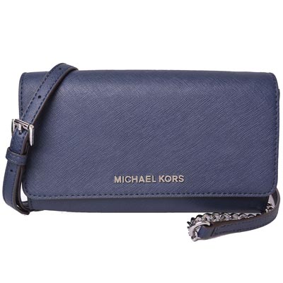 MICHAEL KORS JET SET銀字LOGO防刮皮革長夾/斜背兩用包-海軍藍