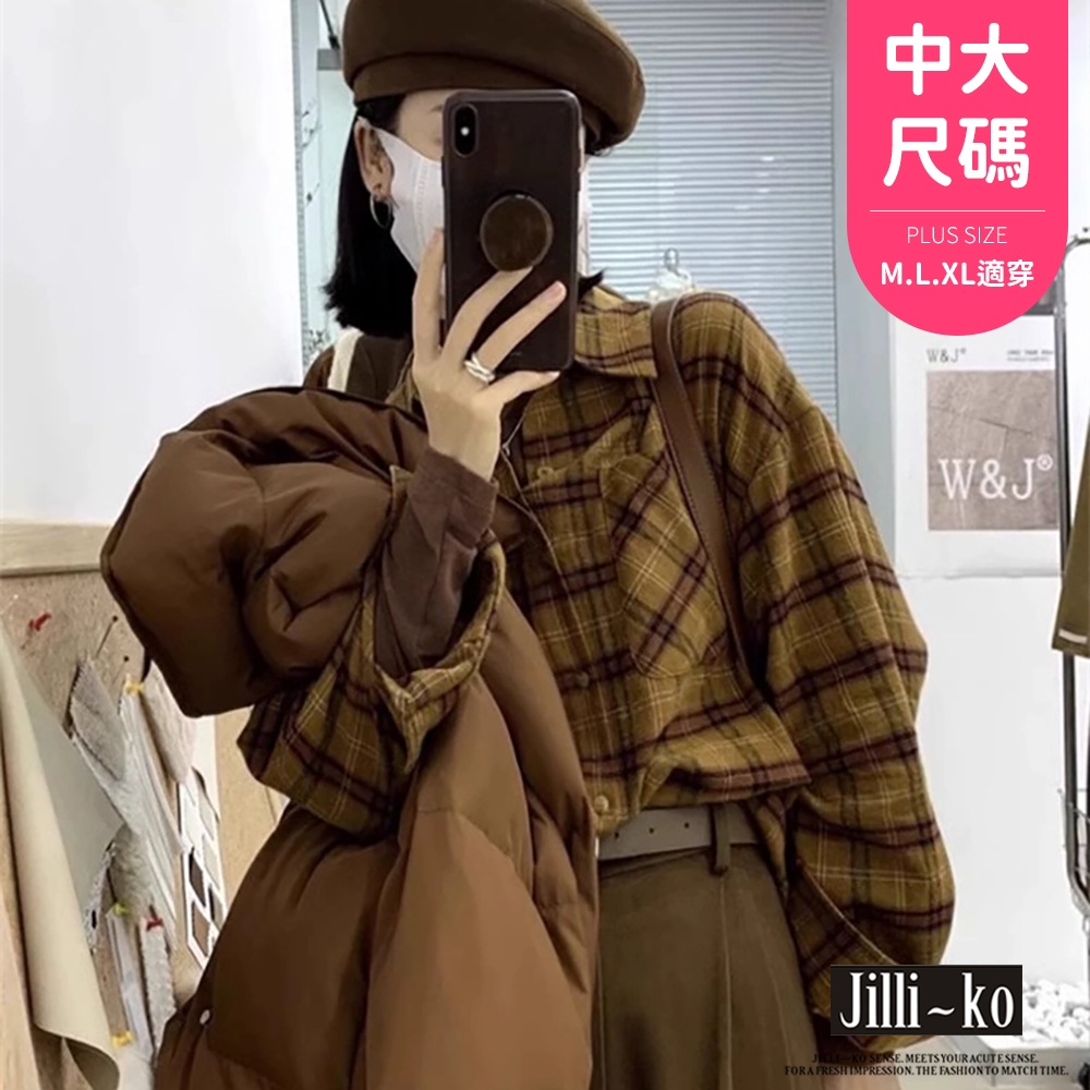 JILLI-KO 美式復古女寬鬆慵懶格子襯衫中大碼- 黃/深綠