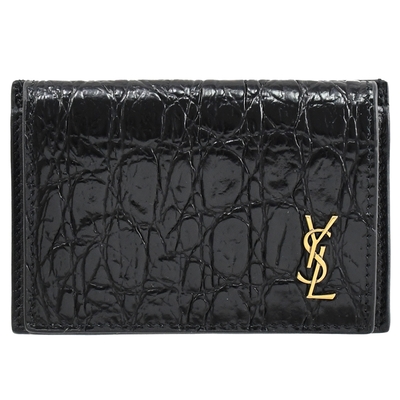 YSL Saint Laurent 金屬LOGO鱷魚壓紋牛皮卡片夾零錢包(黑)