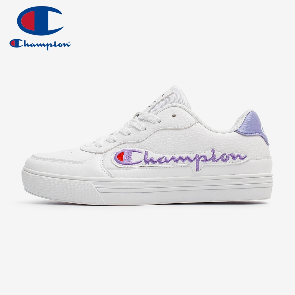 【Champion】C-YESS 2.0 女潮流滑板休閒鞋 白+紫LOGO 荔枝紋 薰衣草紫 百搭基本小白鞋(WSUS-2001-09)
