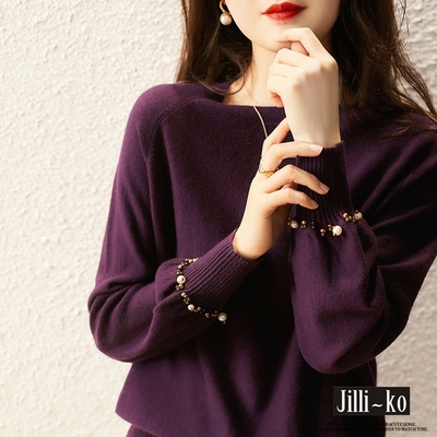 JILLI-KO 手工釘珠袖口設計感女圓領針織上衣- 紫色