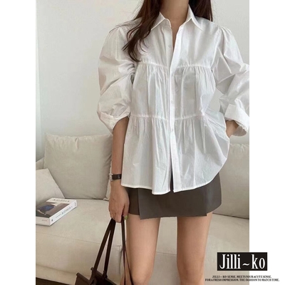 JILLI-KO 韓版層次拼接抓皺燈籠袖寬鬆襯衫- 白色