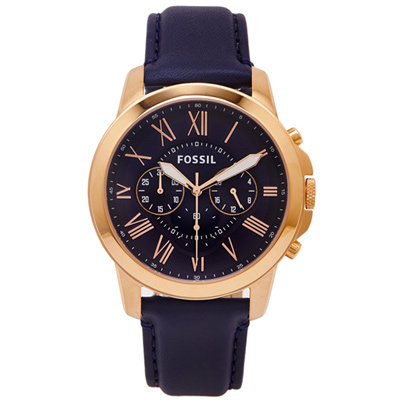 FOSSIL 羅馬優雅風計時的皮帶手錶(FS4835IE)-深藍色面/44mm