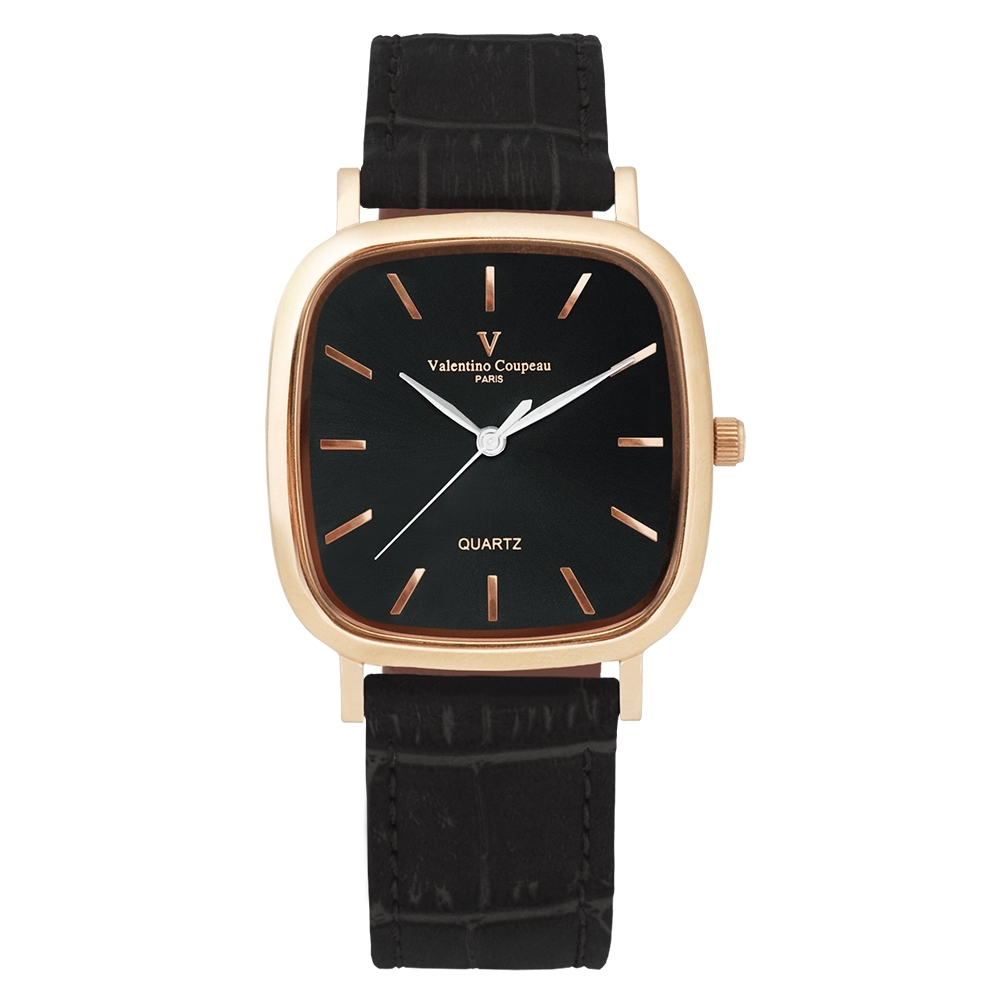 Valentino Coupeau 范倫鐵諾 古柏 經典方型腕錶35mm(玫殼/黑面/黑帶)