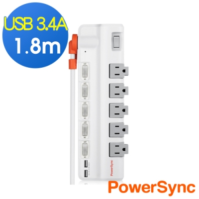 PowerSync 群加 6開5插USB防雷擊抗搖擺旋轉插座延長線6尺/1.8米