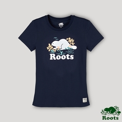 Roots 女裝- 海洋友善系列 海狸LOGO短袖T恤-藍色