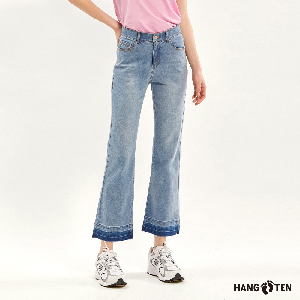 Hang Ten-女裝-BOOTS CUT後鬆緊中腰小喇叭牛仔褲-淺藍