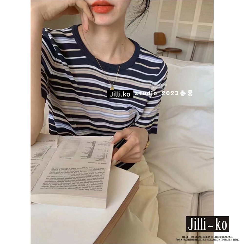 JILLI-KO 韓系時尚配色氣質條紋針織衫- 深藍/黃