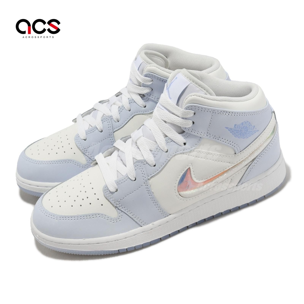 Nike 休閒鞋Air Jordan 1 Mid SE GS 女鞋大童鞋白藍AJ1 喬丹閃亮勾勾