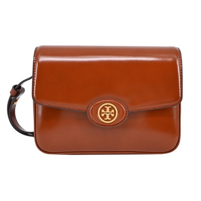 TORY BURCH ROBINSON亮漆皮磁釦斜背/肩背兩用包-棕