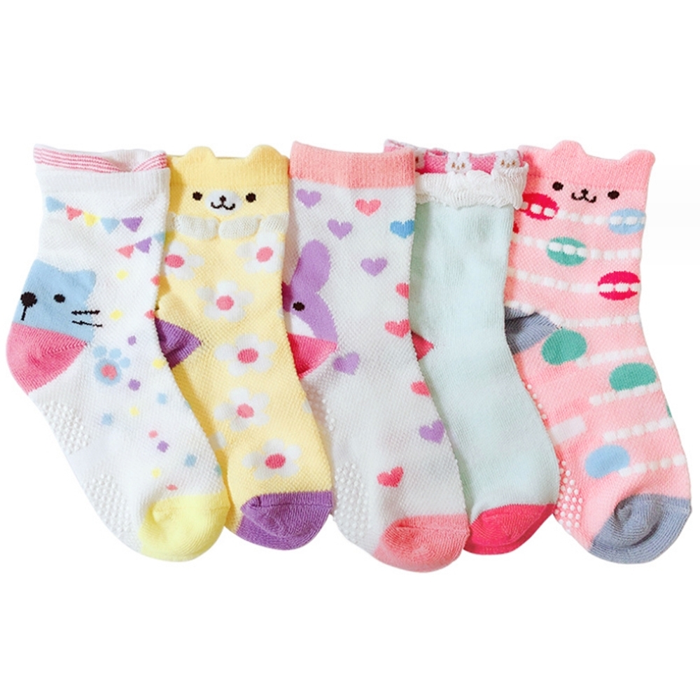 （5入）貓咪愛心防滑膠點中筒襪 短襪 襪子 童襪 女童 中童 小童 兒童 童裝【BB6304】