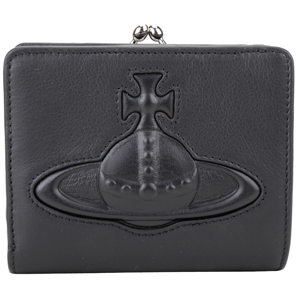 Vivienne Westwood 星球浮雕小牛皮雙珠金屬釦零袋短夾(黑色)