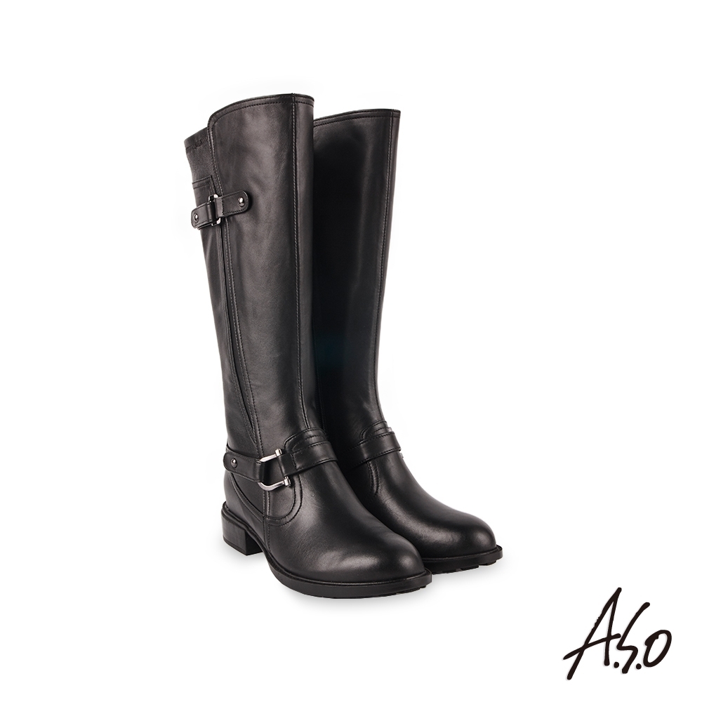 A.S.O  時尚流行質感真皮飾釦長靴-黑