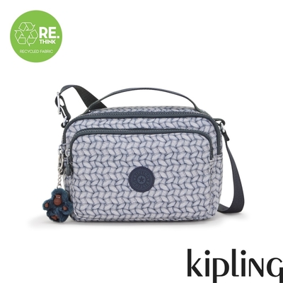 Kipling 藍白時尚幾何圖騰前袋拉鍊側肩包-COLETA