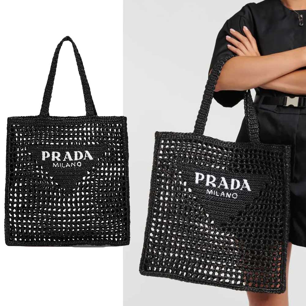 PRADA  大型Raphia拉菲草刺繡LOGO手提肩背包(黑色)