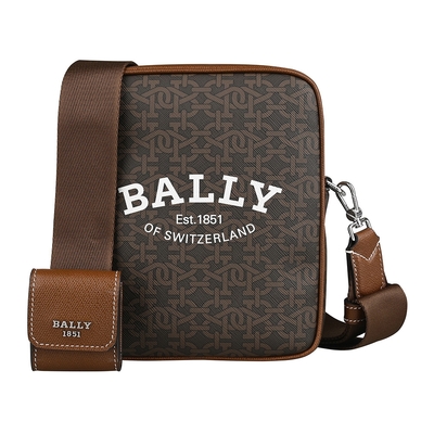 bally bhenn燙印英文logo緹花pvc拼質感牛皮拉鍊肩背/斜背包(棕)