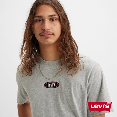 Levis 男款 寬鬆版短袖T恤 / 復古海報體徽章Logo 麻花灰