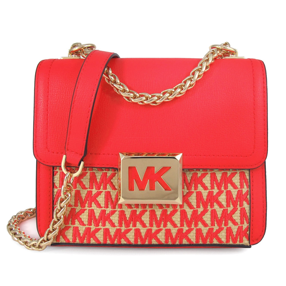 MICHAEL KORS Sonia 金字鏤空MK磁扣藺草繡線Logo金鏈斜背包(珊瑚紅)