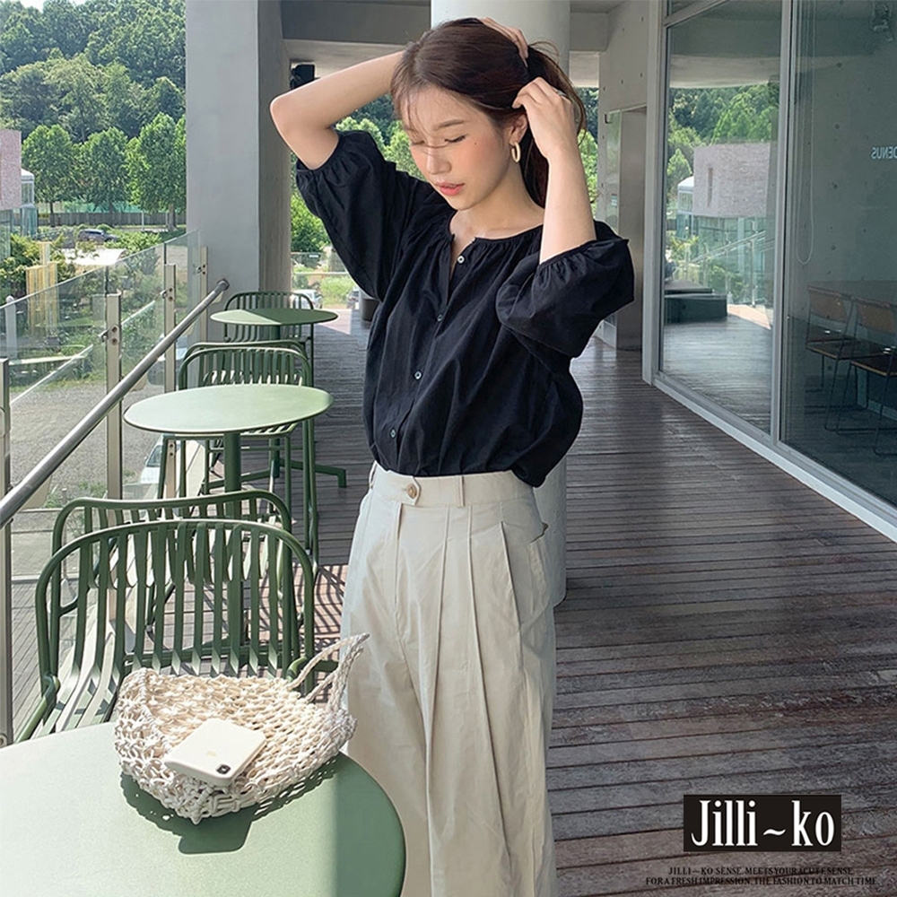 JILLI-KO 薄款半袖圓領襯衫- 黑色