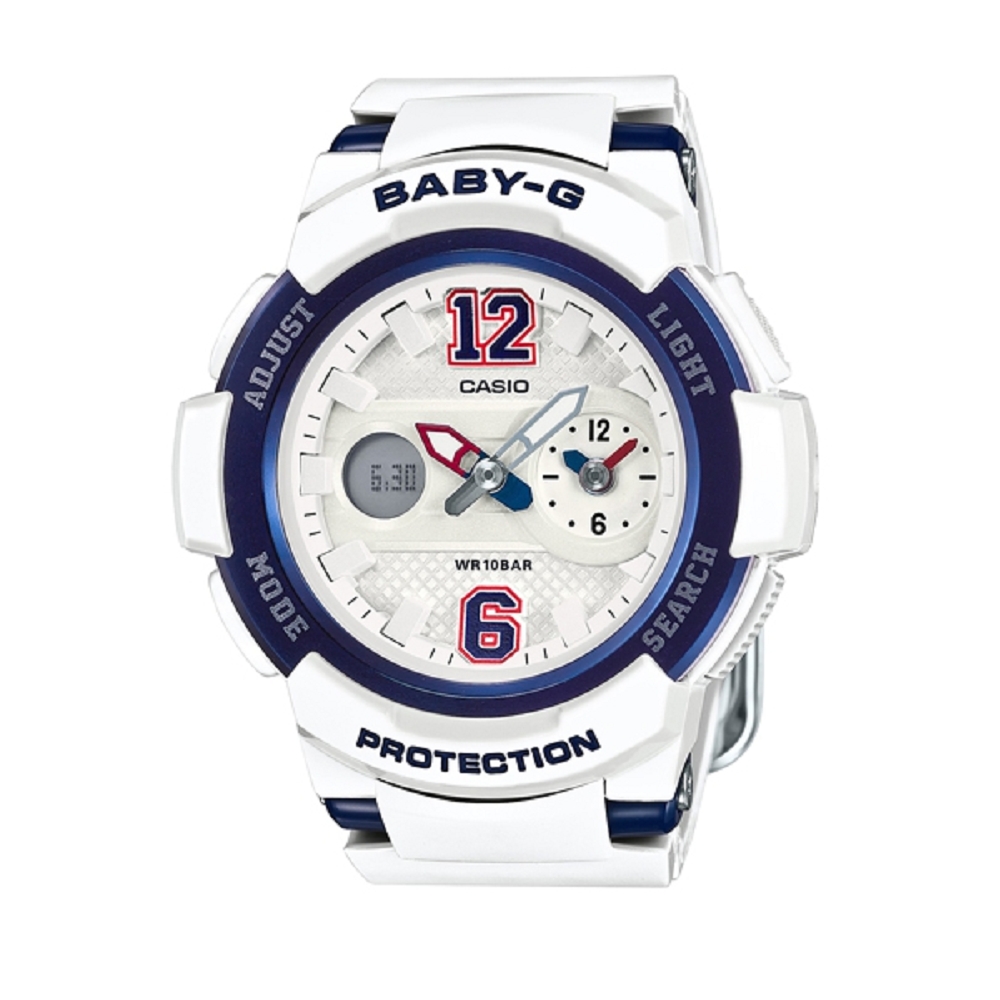 BABY-G立體感街頭運動球衣概念休閒錶(BGA-210-7B2)-白X藍框/46mm