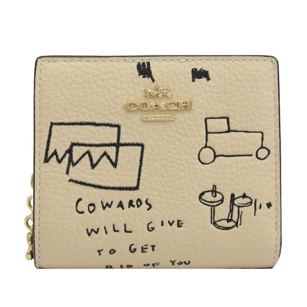 COACH × BASQUIAT金屬LOGO個性塗鴉風對開扣式短夾(米白)