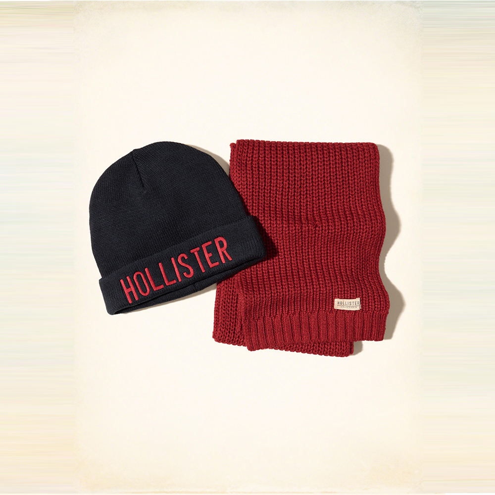 海鷗 Hollister HCO 經典文字設計圍巾毛帽禮組-混色