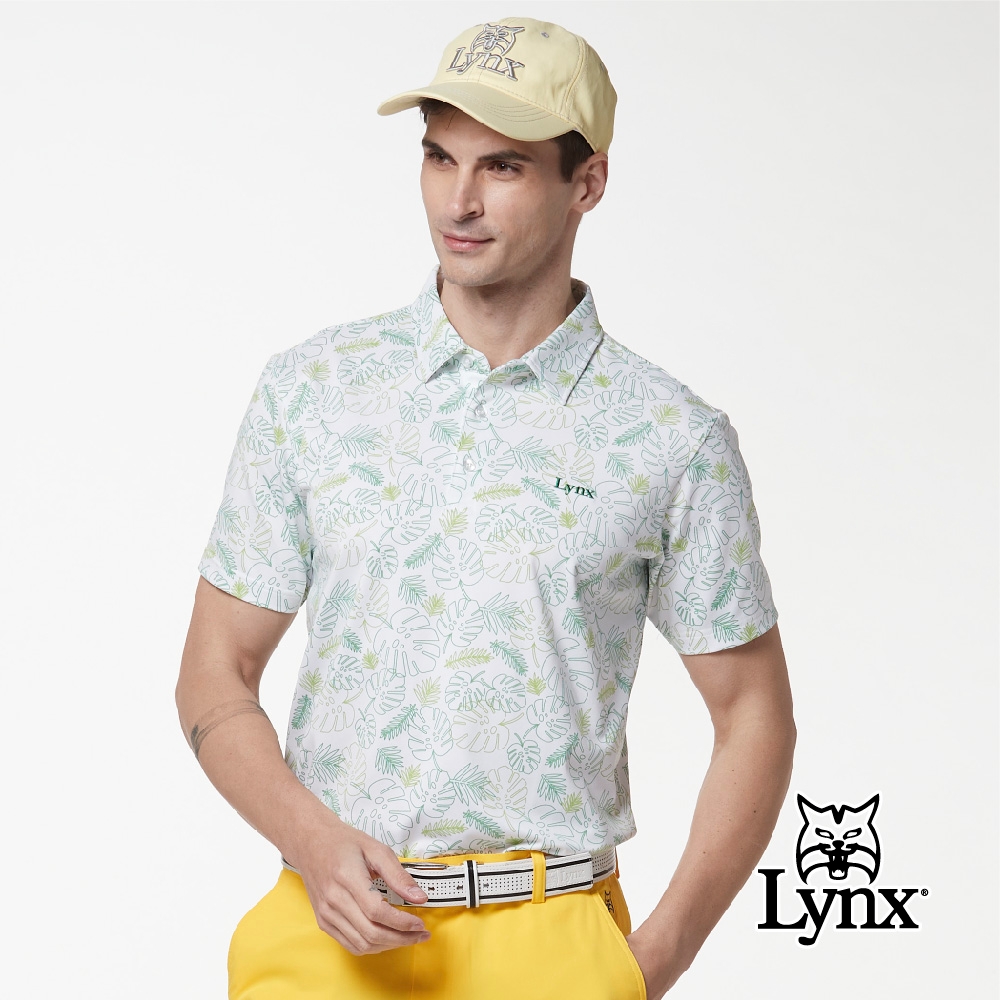 【Lynx Golf】男款吸濕排汗本布領設計滿版植物樹葉印花短袖POLO衫-白色