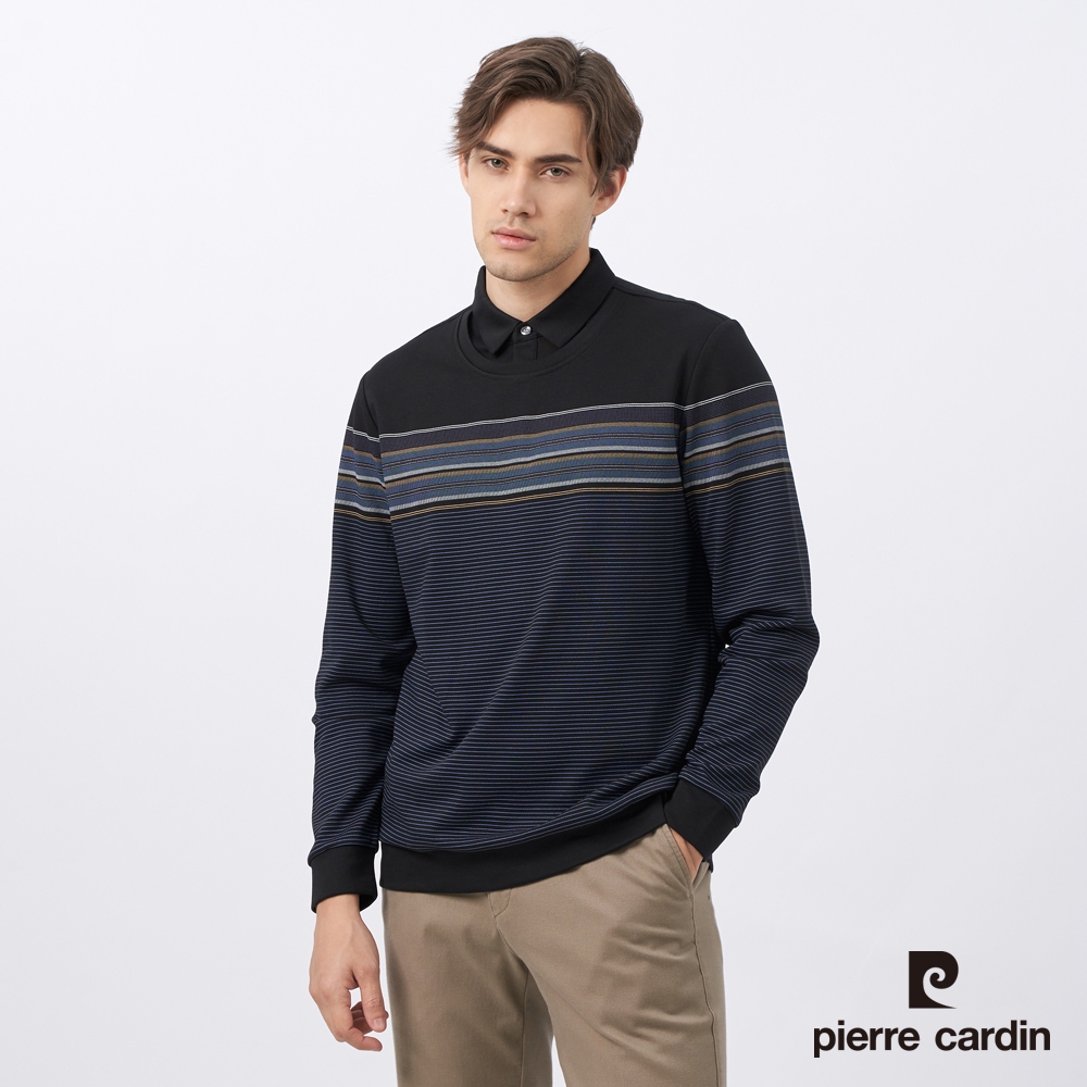 Pierre Cardin皮爾卡登 男款 棉質混紡印花假兩件襯衫領長袖POLO衫-黑色(5235297-99)
