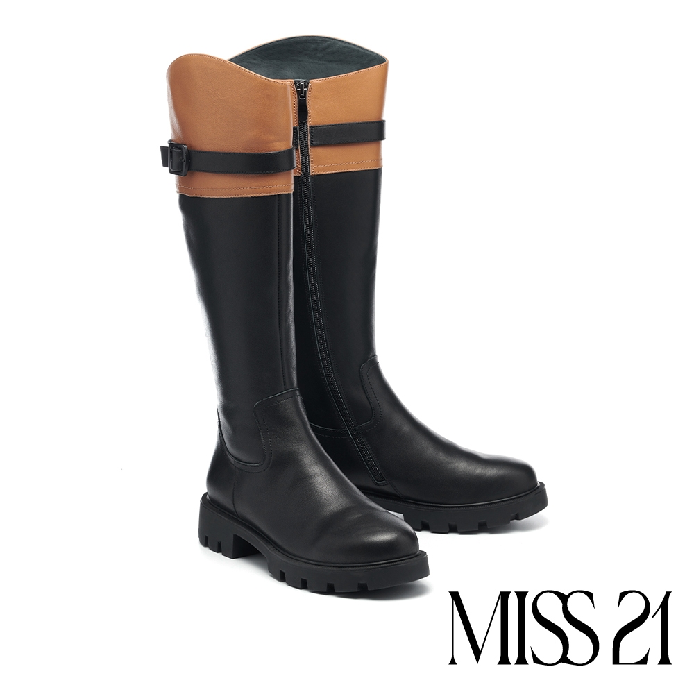 長靴 MISS 21 西部風帥氣不對稱剪裁撞色牛皮厚底長靴－棕