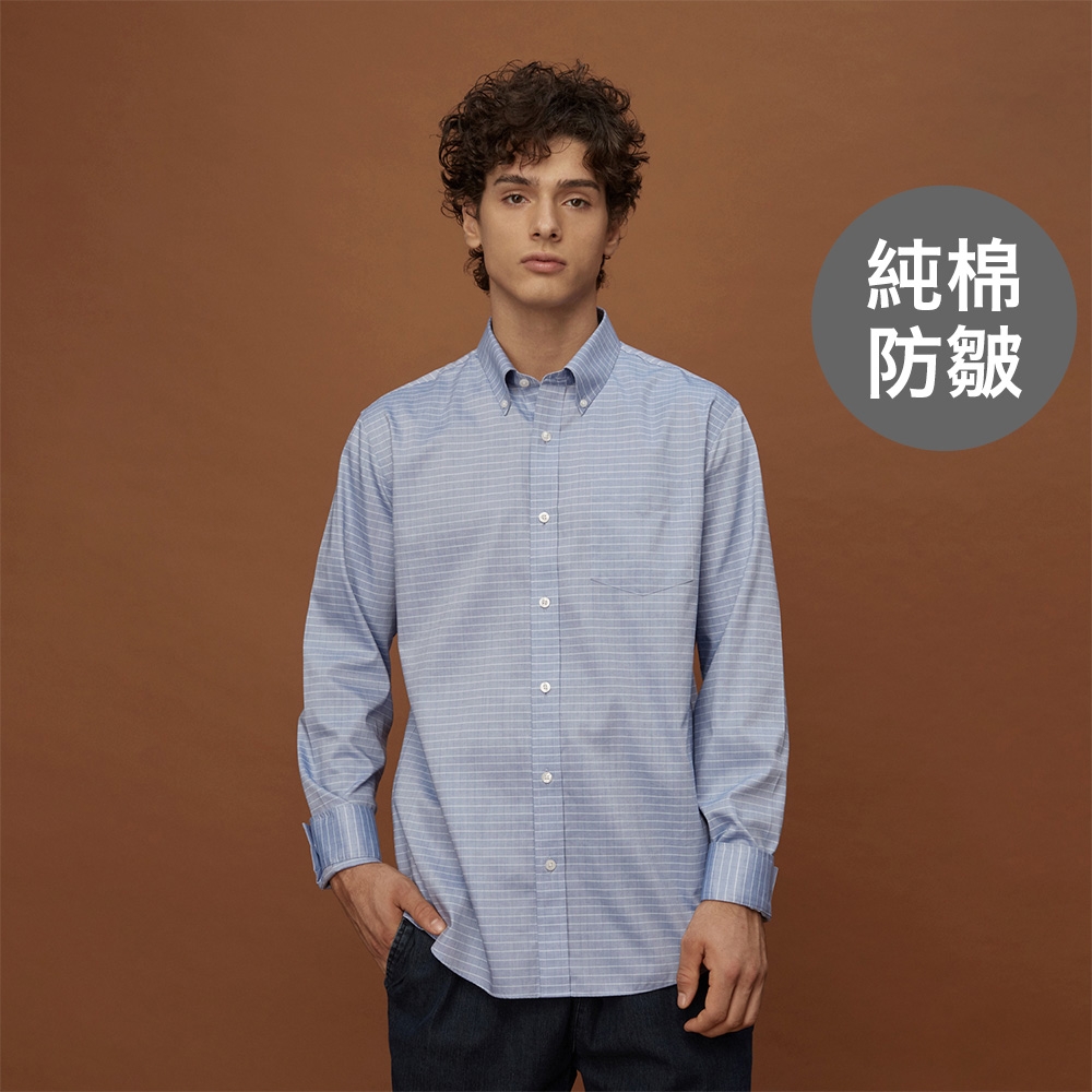 GIORDANO 男裝純棉條紋防皺襯衫 - 01 藍X淺藍