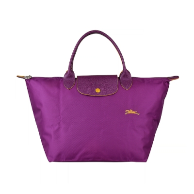 LONGCHAMP COLLECTION刺繡LOGO尼龍摺疊短把拉鍊手提包(中/紫x黃)