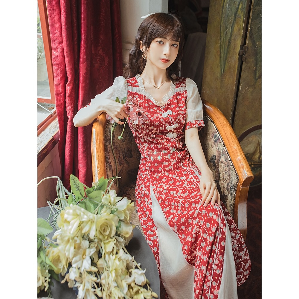 復古少女紅花拼接改良式旗袍洋裝S-L-維拉森林