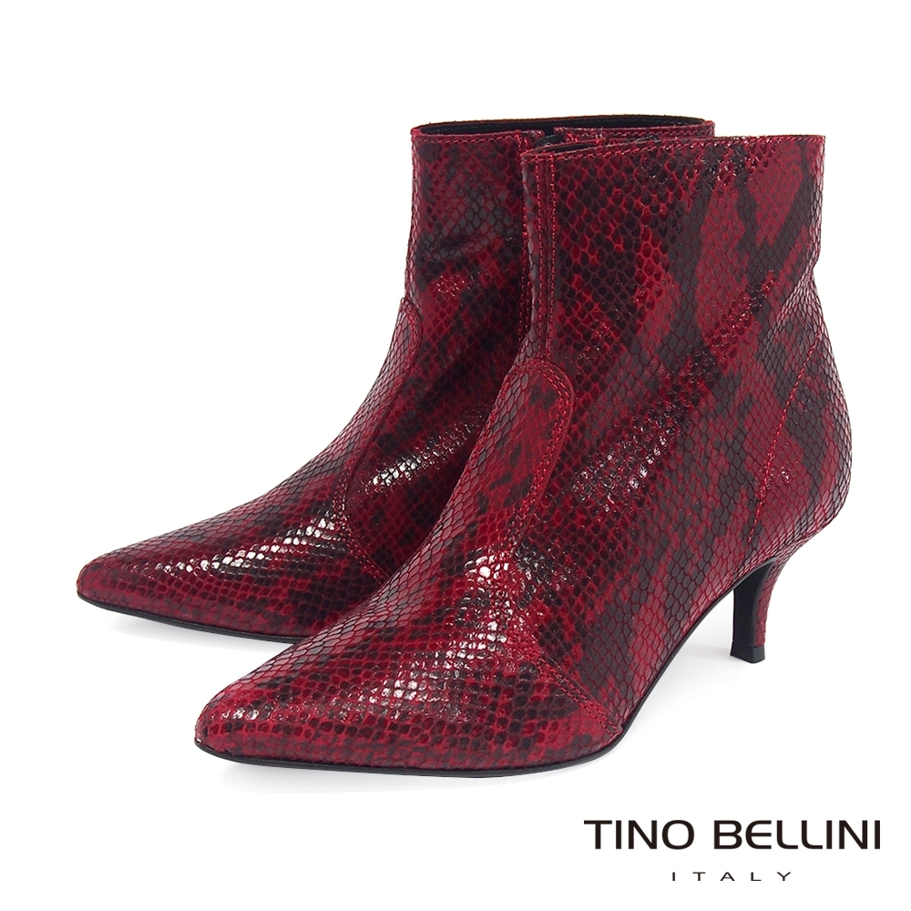 Tino Bellini義大利進口媚惑蛇紋中跟短靴_酒紅