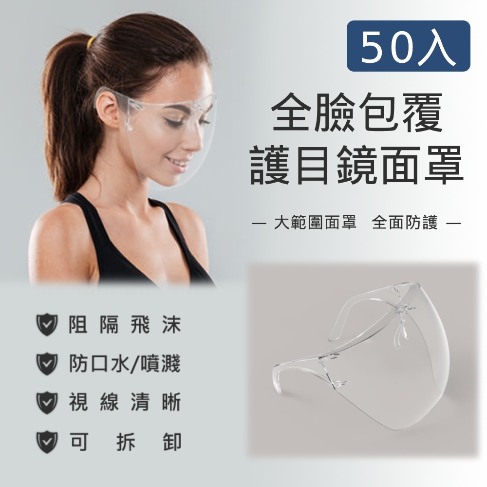 抗疫防飛沫 鏡架型硬式全臉部防護面罩(50入組)