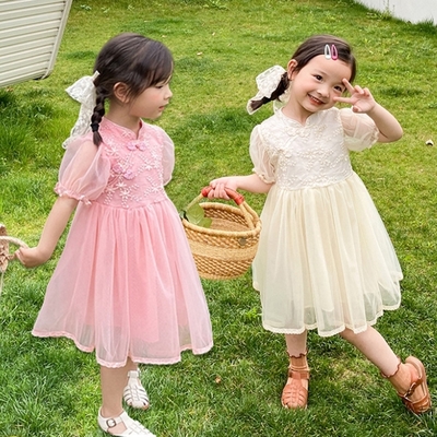 蕾絲刺繡紗質旗袍領洋裝 短袖洋裝 連身洋裝 連衣裙 連身裙 紗裙洋裝 橘魔法 現貨 兒童 童裝 女童