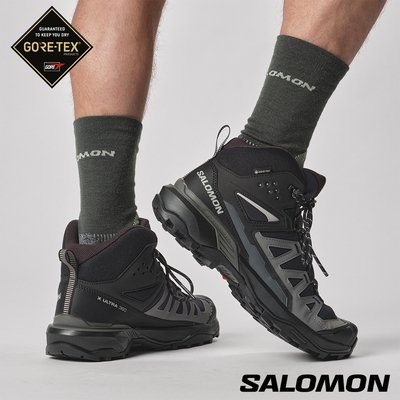 官方直營 Salomon 男 X ULTRA 360 Goretex 中筒登山鞋 黑/磁灰/藍灰