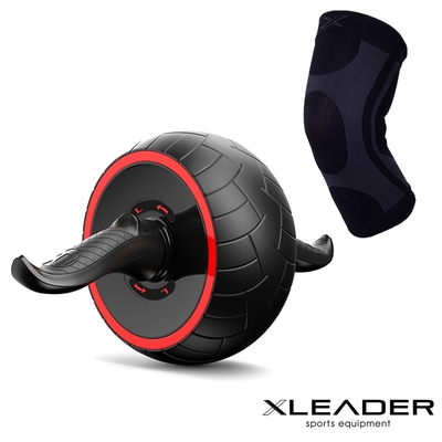 Leader X 健身超值組合(XW-07護膝腿套單入+自動回彈耐磨迴力健腹輪 紅色)