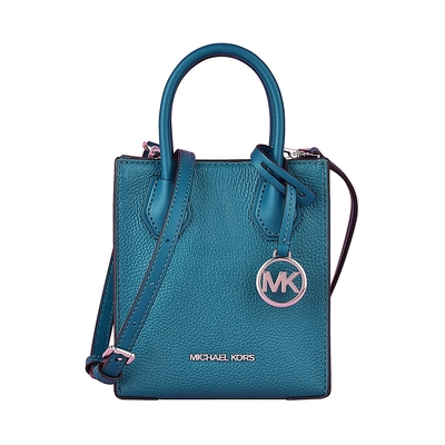 MICHAEL KORS MERCER銀字LOGO牛皮釦式手提斜背包(小/潟瑚藍)