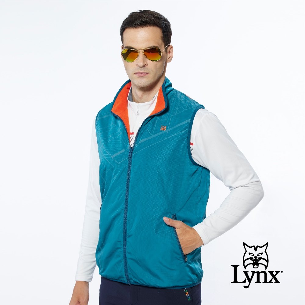 【Lynx Golf】男款保暖舒適幾何曲線菱形印花無袖雙面穿風衣布/刷毛背心-藍綠色