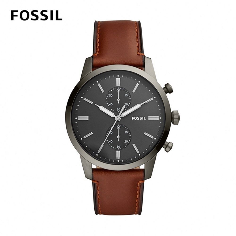 FOSSIL TOWNSMAN 黑灰錶面褐色計時皮革男錶 44mm FS5522