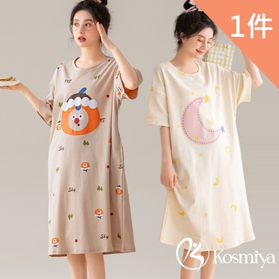 【Kosmiya】1件 純棉印花短袖睡裙/女睡衣/睡衣/居家服/連身洋裝/洋裝(6色可選/均碼/加大碼)