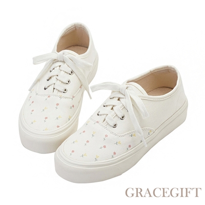 【Grace Gift】繽紛花漾綁帶休閒鞋 米白