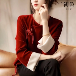 初色 中國風復古絲絨盤扣小衫T恤上衣女上衣-紅色-32764(M-2XL可選)