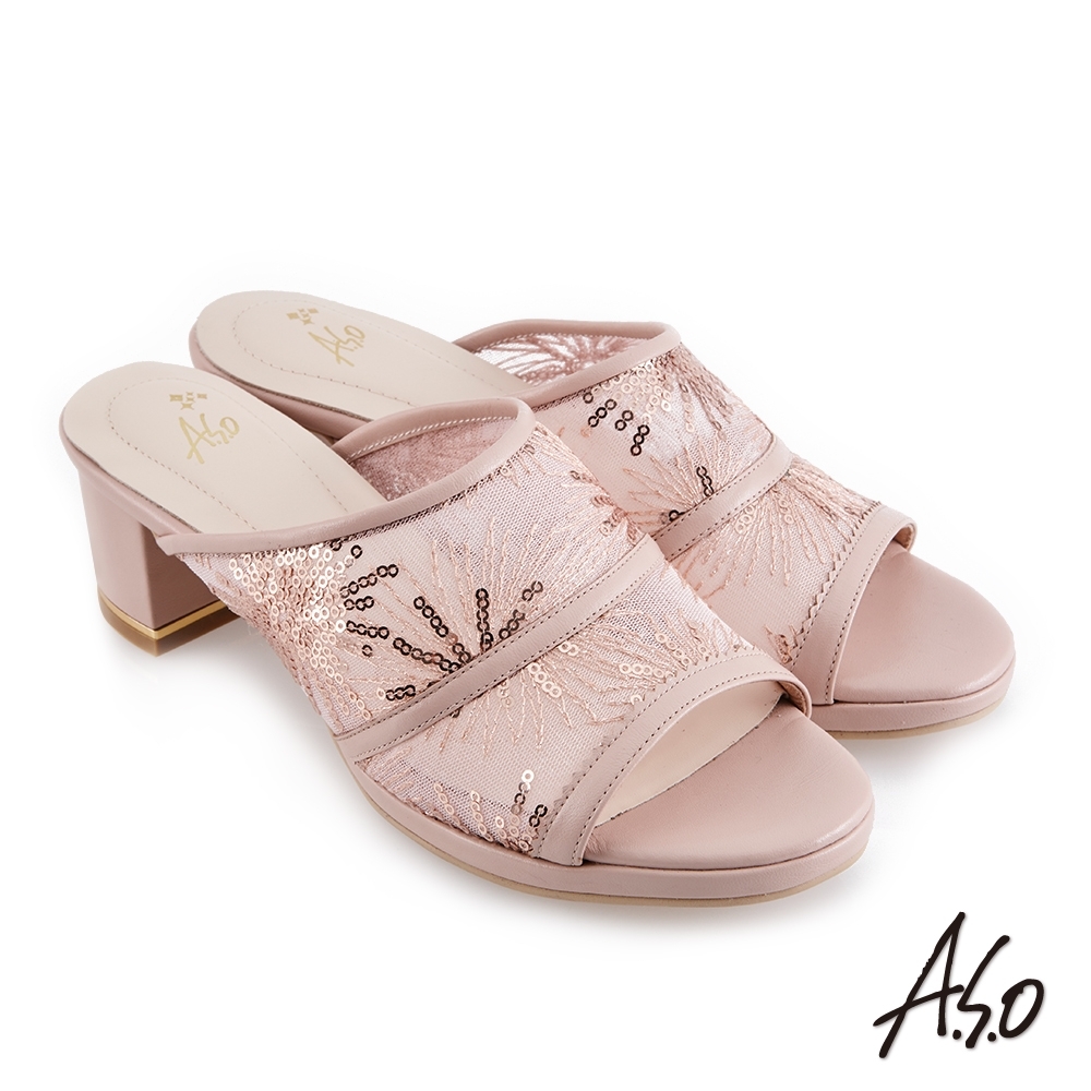 A.S.O 時尚流行 優雅時尚網布時髦粗跟涼鞋-粉紅