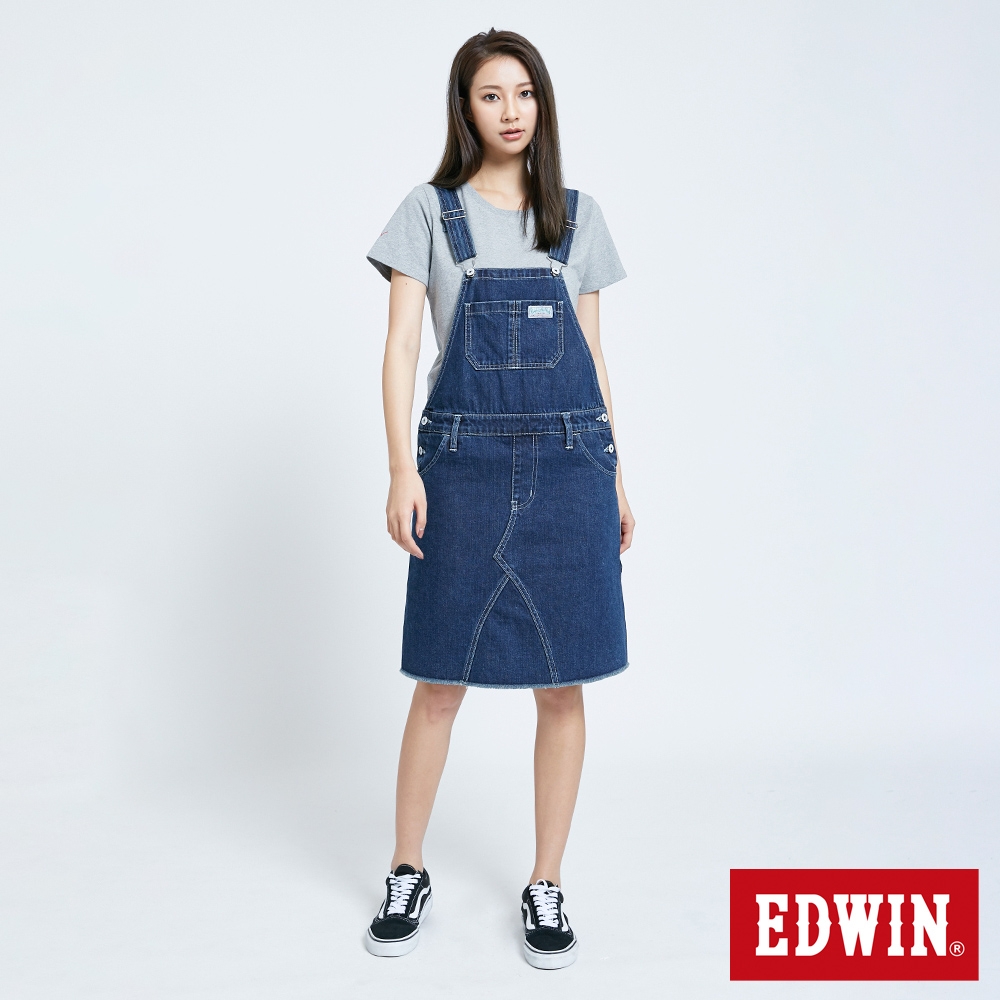 EDWIN 連身吊袋牛仔短裙-女-石洗藍