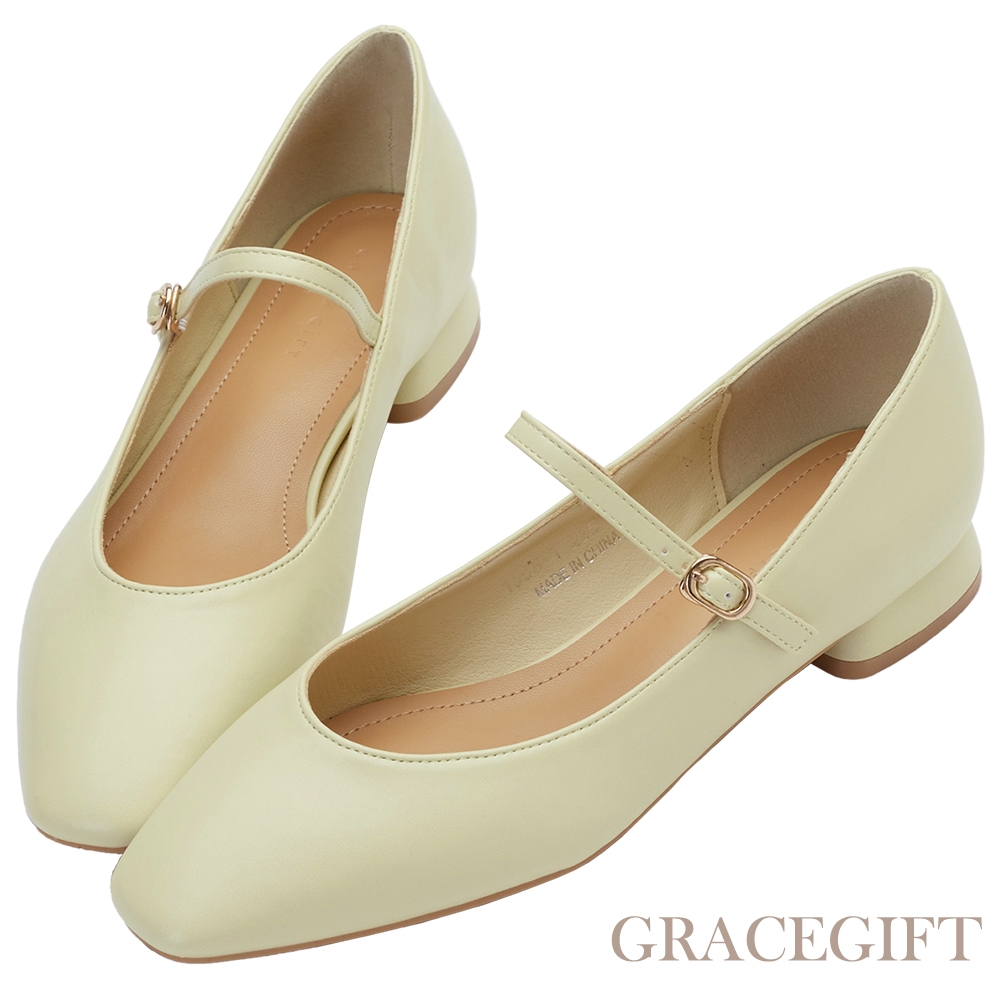 【Grace Gift】甜美尖頭低跟瑪莉珍鞋 螢光黃